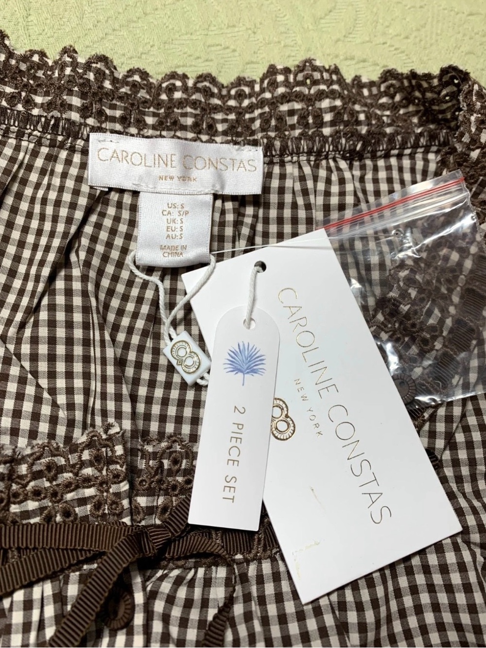 NWT Caroline Constas Brown Gingham Lace Trim Crop Top Maxi Skirt Set Small S - Picture 5 of 16